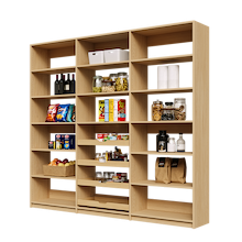 93 inch natural oak pantry shelving unit with four wood pull-out drawers.