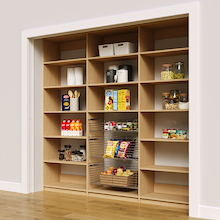 High capacity 93 inch natural oak kitchen pantry shelves with three wire baskets.