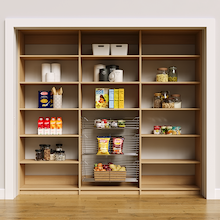 Natural oak 93 inch pantry food racks for bulk dry goods and cans.