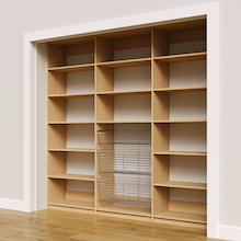Side view of a 93 inch natural oak pantry storage with three wire baskets.