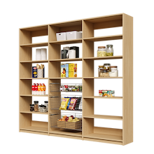 93 inch natural oak pantry shelving unit with three wire baskets for storage.