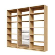 Three sliding wire baskets in a 93 inch natural oak kitchen pantry.