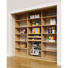 Wide 96 inch natural oak kitchen pantry racks with two wood drawers and two pull-out wire baskets.