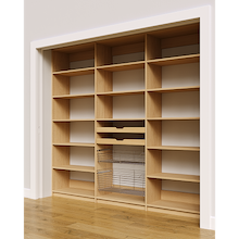 96 inch natural oak pantry shelving layout with two wood pull-out drawers and two pull-out wire baskets