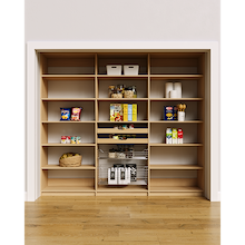 96 inch natural oak pantry storage shelves featuring layered wood drawers and pull-out wire baskets.