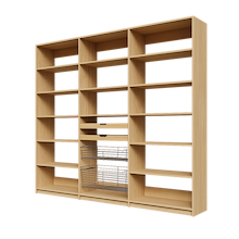 Two wood pull-out drawers and two pull-out wire baskets in a 96 inch natural oak reach in pantry.
