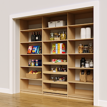 Wide 96 inch natural oak kitchen pantry racks for all grocery storage.