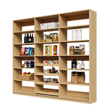 Full wall 96 inch natural oak pantry shelving for massive food organization.