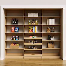 96 inch natural oak pantry storage shelves with high capacity adjustable tiers.