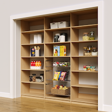 Wide 96 inch natural oak kitchen pantry racks for grocery storage.