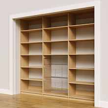 Complete 96 inch natural oak pantry shelving layout with three wire baskets.