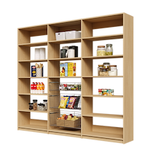 Full wall 96 inch natural oak pantry shelving for high capacity kitchen organization.