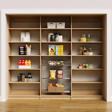 96 inch natural oak pantry storage shelves with high capacity adjustable shelves.