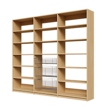 Three wire baskets featured in a 96 inch natural oak reach in pantry.