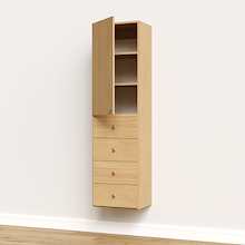 Natural oak half closet doors 19.5 inch slab open featuring a modular wood shelving tower.