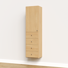 Natural oak half closet doors 19.5 inch slab covering interior closet shelves in a reach-in wardrobe system.