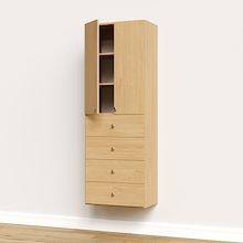 Natural oak half closet doors 25.5 inch slab open showing wood shelves and modular tower units.