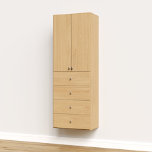 Natural oak half closet doors 25.5 inch slab covering wood grain shelves in a bedroom wardrobe.