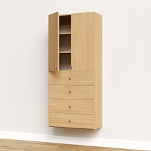 Natural oak half closet doors 31.5 inch slab open revealing large adjustable shelves and wood grain closet shelving.