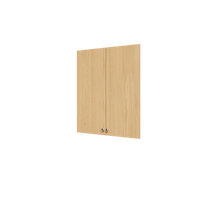 Natural oak half closet doors 31.5 inch slab concealing wide shelving in a wardrobe tower.