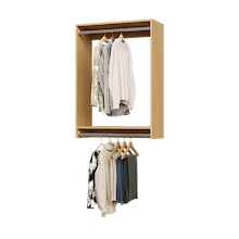 31.5 inch double hanging closet in natural oak with loungewear for master closets.