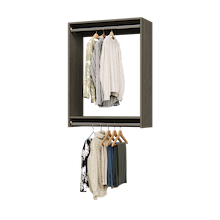 33 inch double hanging closet in grey with scrubs for work wear.