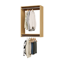30 inch double hanging closet in natural oak with shirts for high-density hanging.