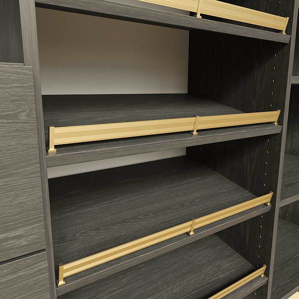 installed shoe shelves with brass rails