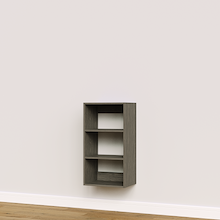 Grey built-in closet shelves for custom wardrobe storage.