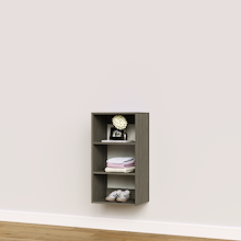 Grey closet shelves for t-shirts, sweaters, and folded clothing storage.