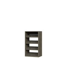 Grey slanted closet shoe shelves for space-saving closet shoe storage.