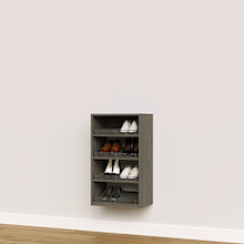Grey slanted closet shoe rack with 4 shelves for shoe storage.