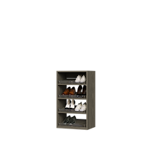 Grey slanted closet shoe shelf tower with 4 shelves for shoe storage.