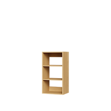 Natural oak closet shelves for space-saving storage in small apartment closets.