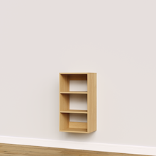 Natural oak built-in closet shelves for custom wardrobe storage.