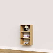 Natural oak closet shelves for linens, towels, and folded clothing.