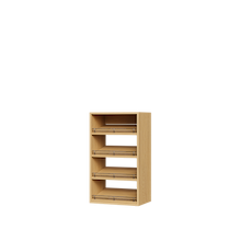 Natural oak slanted closet shoe shelves for shoe storage in small apartment closets.