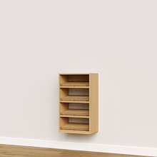 Natural oak built-in slanted closet shoe shelves for custom closet storage.