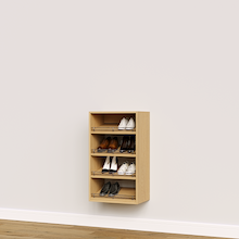 Natural oak slanted closet shoe rack with 4 shelves for sneaker and shoe storage.