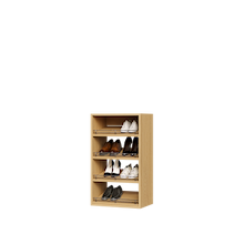 Natural oak slanted closet shoe shelf tower with 4 shelves for shoe storage.