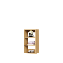 Natural oak closet shelf tower with 3 shelves for closet storage.