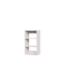 White closet shelves for reach-in wardrobe storage and folded clothing.
