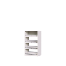 White slanted closet shoe shelves for reach-in shoe storage.