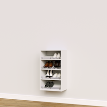 White slanted closet shoe rack with 4 shelves for sneaker and shoe storage.