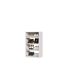 White slanted closet shoe shelf tower with 4 shelves for closet shoe storage.
