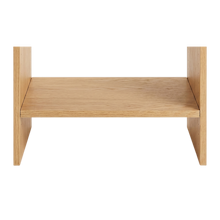 Natural oak closet tower legs with shelf for shoe and basket storage in a floor-standing closet organizer.