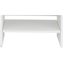 White closet tower legs with shelf for shoe and basket storage in a floor-standing closet organizer.