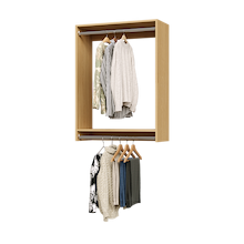 33 inch double hanging closet in natural oak with suits for professional attire.