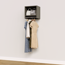 Grey 18 inch tall hanging closet organizer for built-in closet organization.