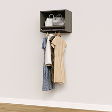 Grey 22.5 inch tall hanging closet organizer for built-in wardrobe systems.